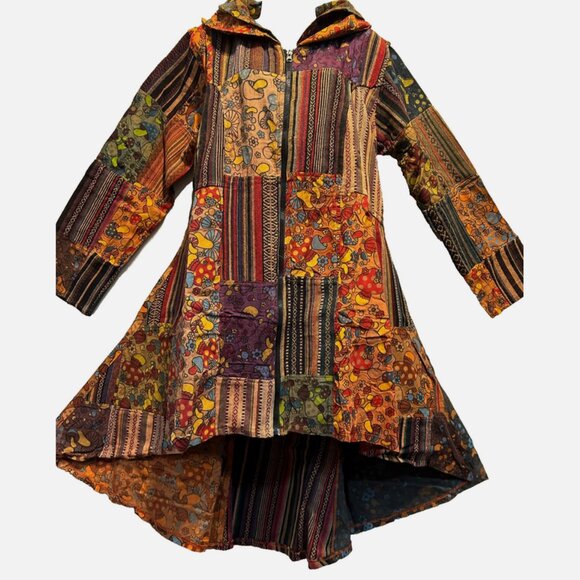 Nwt FUNKY STUFF hippie patch cotton hi-low hooded TOP COAT JACKET XL - Picture 1 of 5
